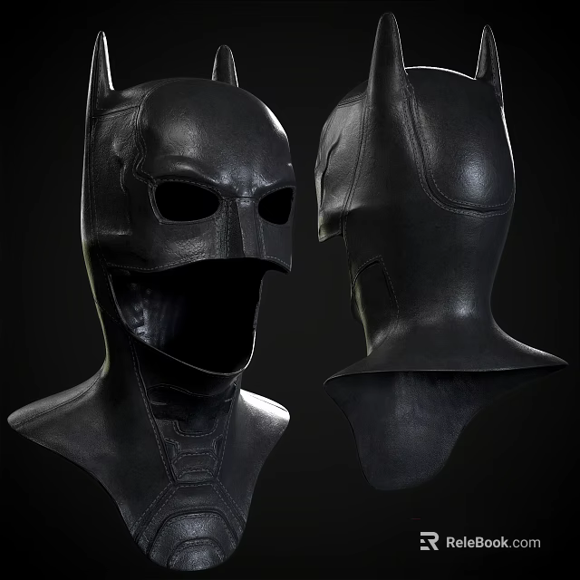Black Leather Batman Mask With Detailed Front And Side View Design 3d model 