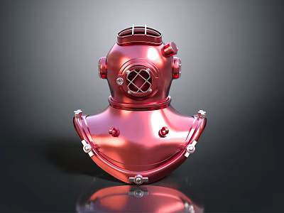 Red Diving Helmet Vintage Style Design With Front Grill Side Knobs And Metal Base 3d model