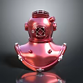 Red Diving Helmet Vintage Style Design With Front Grill Side Knobs And Metal Base