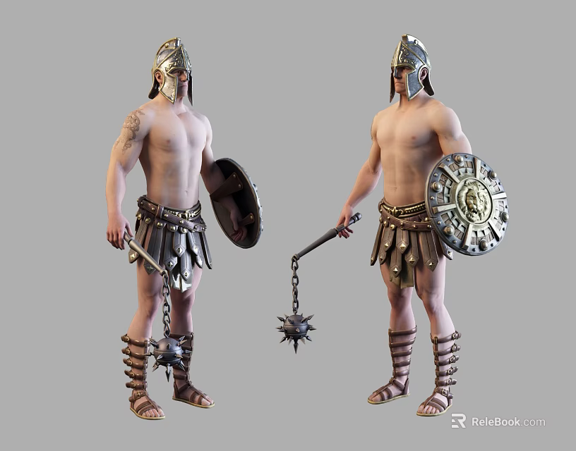 Ancient Warrior Men Wearing Helmets Holding Shields and Chain Mace Weapons 3d model 