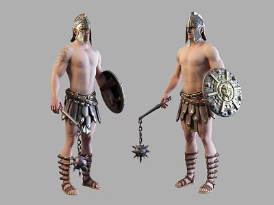 Ancient Warrior Men Wearing Helmets Holding Shields and Chain Mace Weapons 3d model