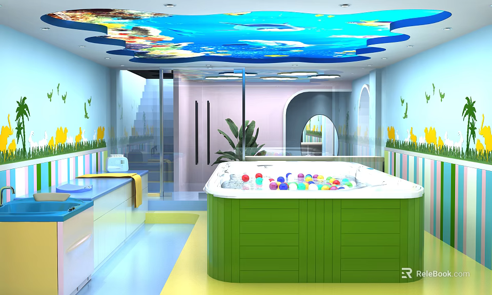 Indoor Kids Swimming Pool with Colorful Ceiling Green Pool and Flower Bird Wall Decor 3d model 