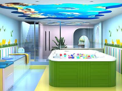 Indoor Kids Swimming Pool with Colorful Ceiling Green Pool and Flower Bird Wall Decor 3d model