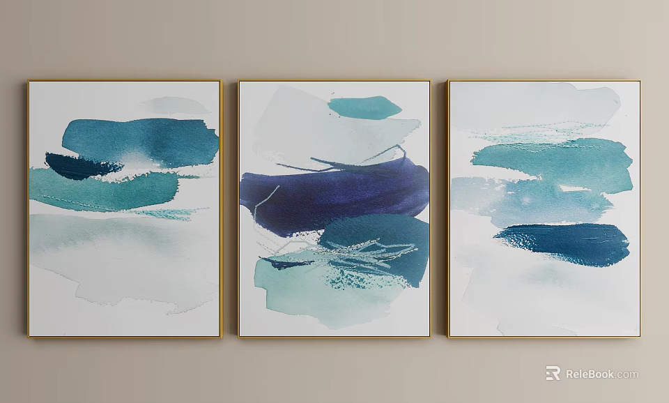 Modern Abstract Paintings Three Panel Teal Blue Tones With Golden Frames On Light Wall 3d model