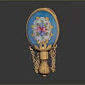Vintage Oval Hand Mirror With Blue Enamel Floral Design Gold Frame And Gold Chain Base