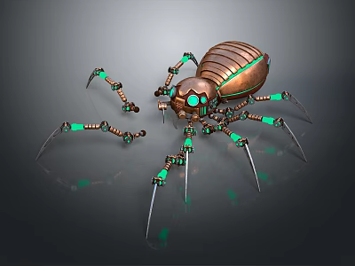 Mechanical Spider Game and Movie Character With Copper Shell Green Glowing Parts and Spiked Legs 3d model
