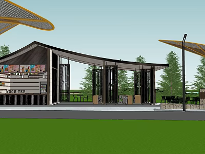 Modern Pavilion Design With Curved Roof Greenery Seating Area And Sunshade Structures 3d model