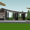 Modern Pavilion Design With Curved Roof Greenery Seating Area And Sunshade Structures