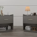 Gray Bedside Tables With Drawer Open Shelf Table Lamp Alarm Clock And Decorations 3d model