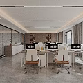 Modern Office Interior Design With Desk Chairs Bookshelves Sofa Marble Coffee Table And Plants