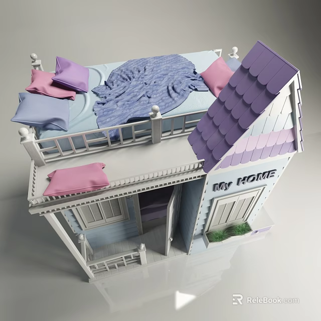 Cartoon Two Story Dollhouse Scene With Bed Pillows Blanket My Home Sign And Plants 3d model 