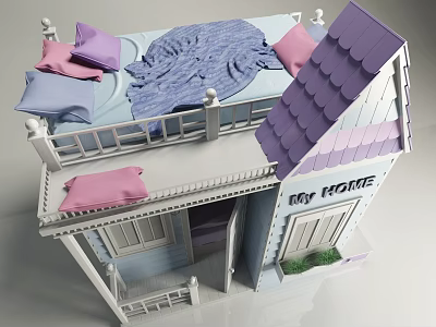 Cartoon Two Story Dollhouse Scene With Bed Pillows Blanket My Home Sign And Plants 3d model