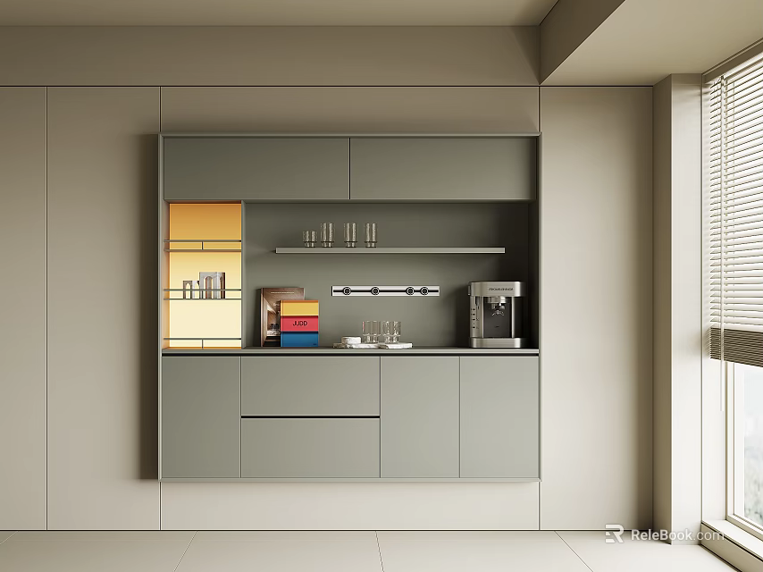 Modern Restaurant Kitchen Design With Gray Cabinets Coffee Machine Colorful Items And Window Blinds 3d model 