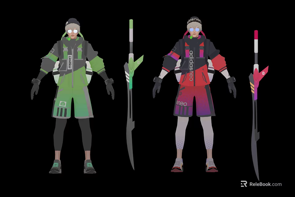 Two Stylish Game Characters With Green Red Costumes And Long Polearm Weapons Design 3d model 