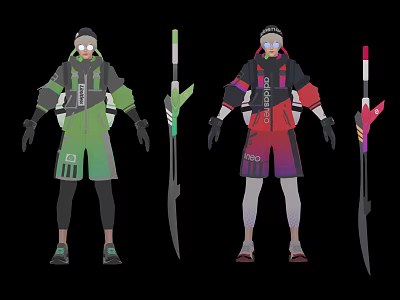 Two Stylish Game Characters With Green Red Costumes And Long Polearm Weapons Design 3d model