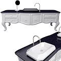 Elegant White Wash Basin Vanity with Black Countertop Decorative Legs and Drawers Faucet