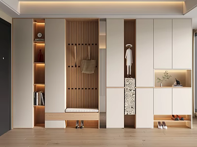 Elegant Modern Entryway Shoe Cabinet With Hanging Area Shoe Bench Display Shelves And Lighting 3d model