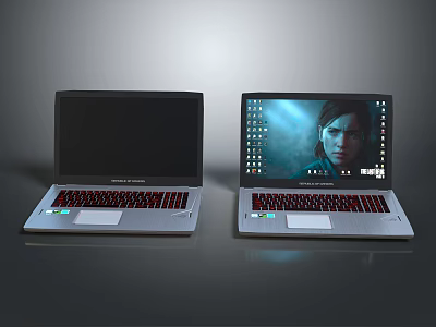 Two Silver Laptops Featuring Black Screen And Gaming Display With Person 3d model