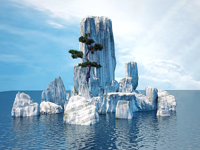 Unique Garden Ornament Featuring Rock Formation And Pine Tree In Water With Blue Sky 3d model