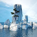 Unique Garden Ornament Featuring Rock Formation And Pine Tree In Water With Blue Sky