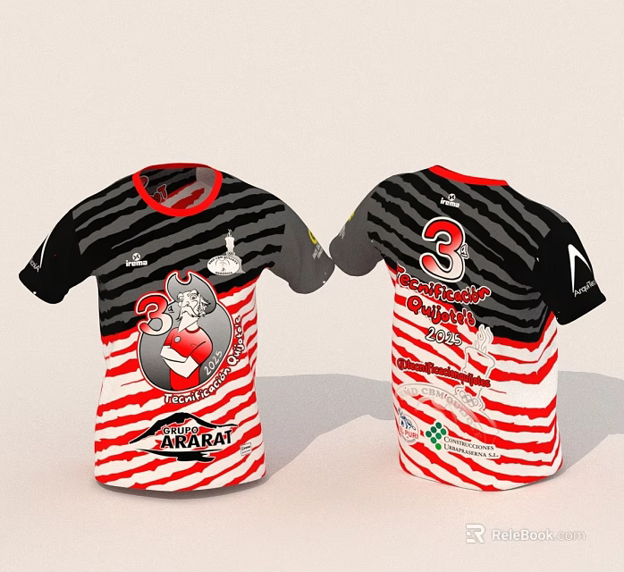 Black Red White Striped T-Shirt With Front Cartoon Logo And Back Number 3 3d model 