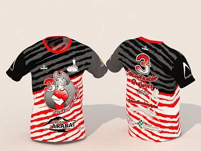 Black Red White Striped T-Shirt With Front Cartoon Logo And Back Number 3 3d model