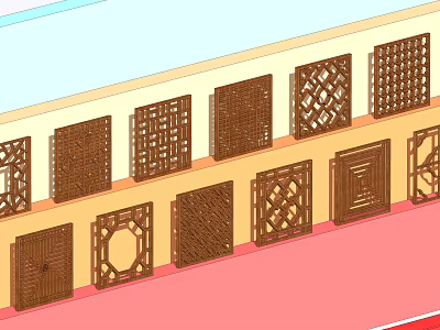 Traditional Wooden Lattice Windows With Various Intricate Carved Designs On Display Wall 3d model