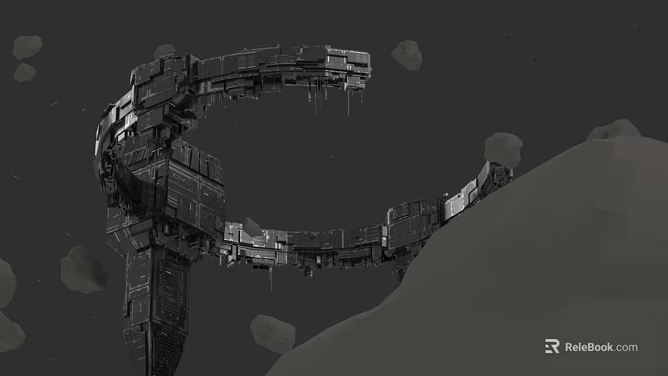 Futuristic Massive Metallic Ring Structure Surrounded By Asteroids In Dark Space 3d model 