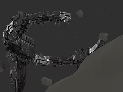 Futuristic Massive Metallic Ring Structure Surrounded By Asteroids In Dark Space 3d model