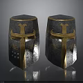 Pair Of Medieval Armor Helmets With Gold Cross Decoration And Vintage Design