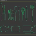 Essential Kitchen Utensils Including Knives Forks Spoons Whisk Rolling Pin Slotted Spoon Teapot And Cookware