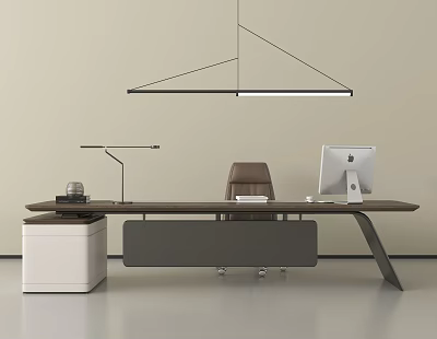 Modern Office Desk Interior With Leather Chair iMac Lamp And Pendant Light 3d model