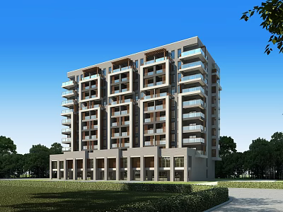 Modern Residential Building With Light Facade Multiple Balconies And Green Landscaping 3d model