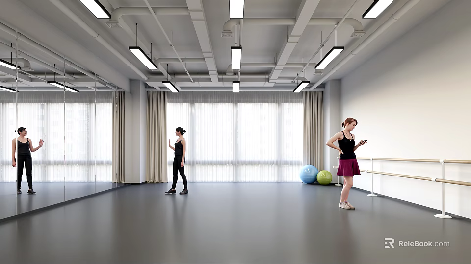 Women Exercising In Spacious Dance Studio With Fitness Balls And Barre 3d model 