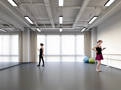 Women Exercising In Spacious Dance Studio With Fitness Balls And Barre 3d model