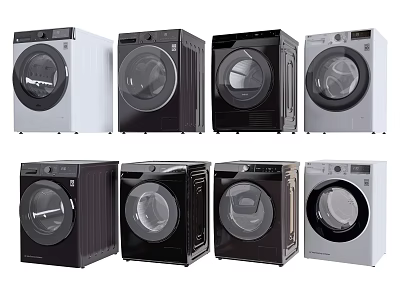 Various Black White Gray Front Load Washing Machines With Modern Design And Different Styles 3d model