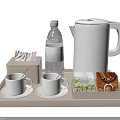 Stylish Tea Set with Tray Two White Cups Saucers Electric Kettle Water Bottle and Accessories