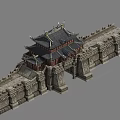 Cartoon Scene Featuring Ancient Chinese City Gate With Tile Roofs Curved Eaves And Stone Walls