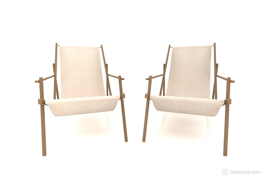 Two Modern Lounge Chairs With Wooden Frame And Beige Fabric Design 3d model 