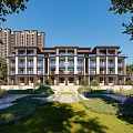 Elegant Townhouse Exterior With Landscaped Garden Green Lawn And Trees