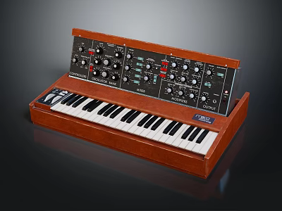 Professional Vintage Electronic Musical Synthesizer With Wooden Case Black And White Keys And Control Knobs 3d model