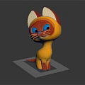 Cute Cartoon Cat Character with Yellow Body Red Ears and Big Blue Eyes
