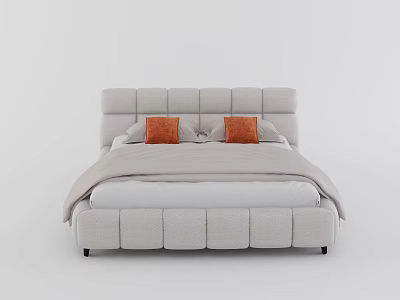 Modern Light Gray Upholstered Bed Frame With Square Panel Headboard And Orange Pillows 3d model