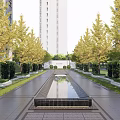 Landscape Wall Design With Water Pool And Tall Trees Along Modern Pathway 3d model