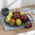 Fresh Pears and Red Grapes on Gray Placemat with Plate Wooden Spoon and Gray Cup