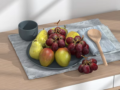 Fresh Pears and Red Grapes on Gray Placemat with Plate Wooden Spoon and Gray Cup 3d model