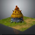 Cute Thatched Hut Exterior With Straw Roof Red Birds Stone Walls And Green Grass