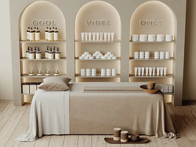 Relaxing Massage Bed With Beige Bedding And Arched Shelves Holding Cups Jars 3d model