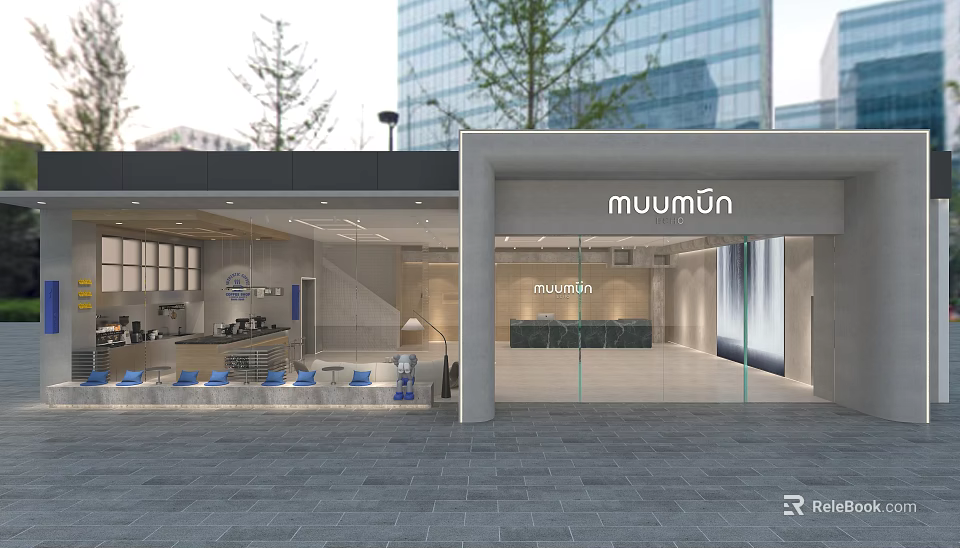 Modern muuumun Store Exterior With Glass Front And Interior Seating Area 3d model 