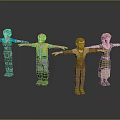 Four Detailed 3D Characters in Various Costumes Standing with Arms Outstretched